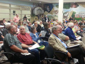 A packed house inside council chambers.