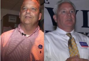 Pictured: Brian Adams and Duane Lewis shortly after the unofficial results came down Tuesday night.