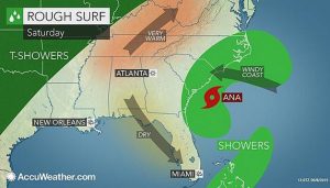 The center of Ana will wander close to the coast of the Carolinas with landfall likely later this weekend. (Courtesy: AccuWeather.com)