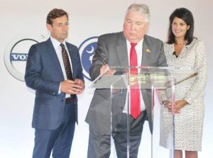 Berkeley County Supervisor Bill Peagler with Volvo Cars of North America President and CEO Lex Kerssemakers and South Carolina Governor Nikki Haley at the signing ceremony