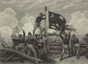 Pictured: An image of Sgt. Jasper raising the battle flag of the colonial forces over present-day Fort Moultrie on June 28, 1776 during the Battle of Sullivan's Island. (Via Johannes Oertel - New York Public Library/Wikimedia)