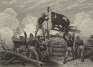 Pictured: An image of Sgt. Jasper raising the battle flag of the colonial forces over present-day Fort Moultrie on June 28, 1776 during the Battle of Sullivan's Island. (Via Johannes Oertel - New York Public Library/Wikimedia)