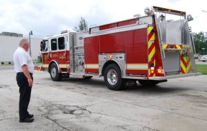 GCFD Chief Steve Chapman watches as his department’s newest addition arrives at the Goose Creek Fire Department. 
