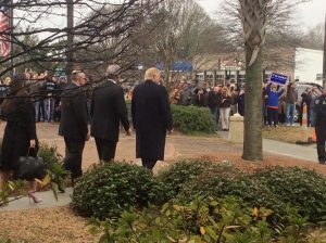 Pictured: Trump greets supporters outside of Hanahan City Hall.