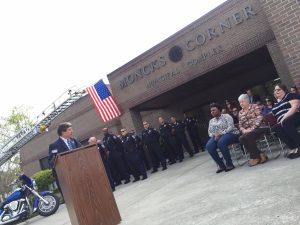 Pictured: Police Chief Rick Olic tells the family members of the fallen officers "thank you."