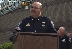 Pictured: Lt. Michael Roach speaks during the ceremony. He served with the two men back in 2007.