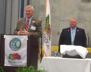 President and CEO of Fruit of the Loom addresses guests and employees during a ribbon cutting marking the facility expansion and ten year celebration event.