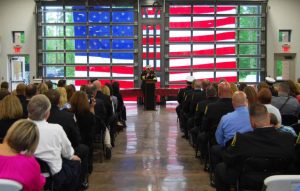 Chief Chapman addresses dozens of GCFD supporters at the new Fire Station 3 in Goose Creek.