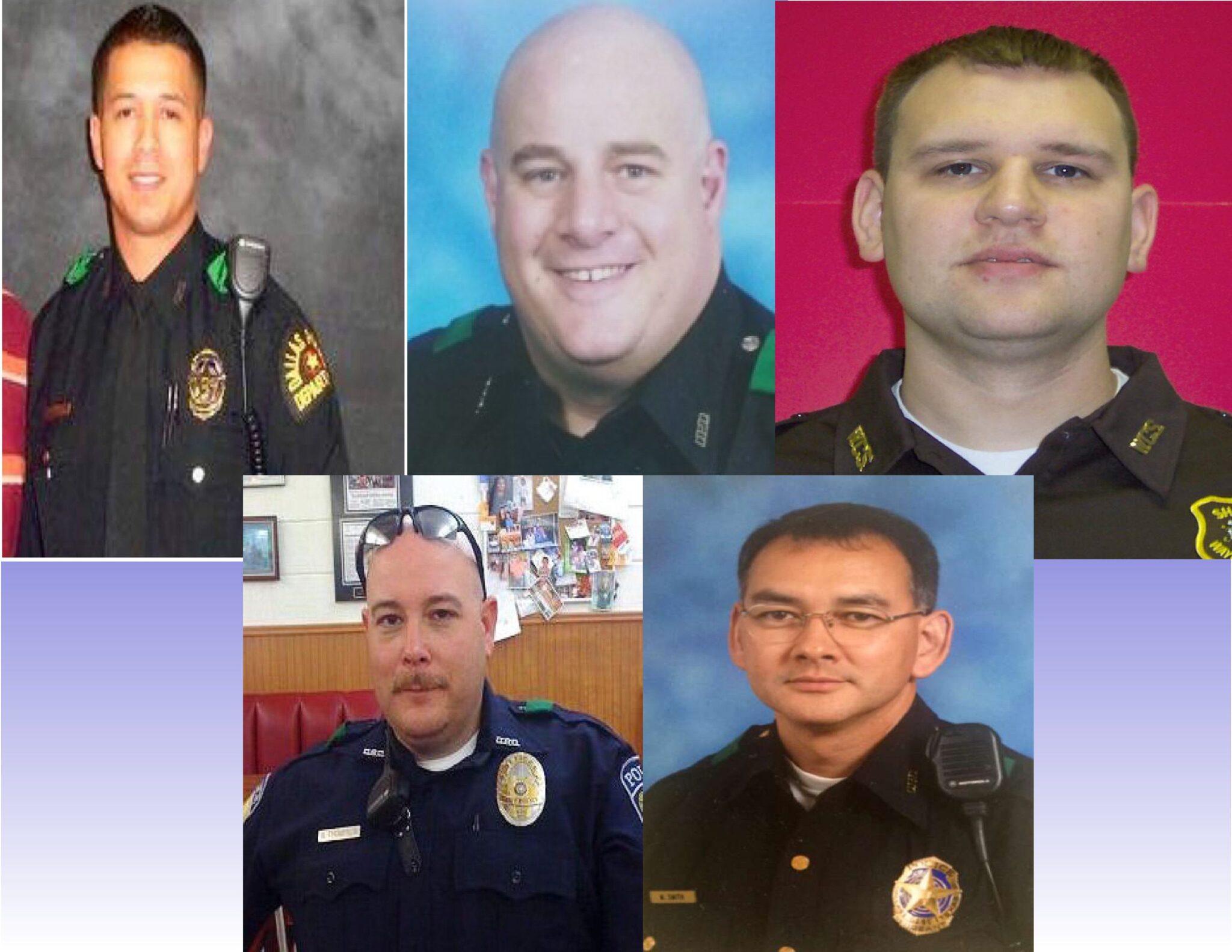 Police Officer Patrick Zamarripa, Senior Corporal Lorne Ahrens, Police Officer Michael Krol, Sergeant Michael Smith, of the Dallas Police Department and Police Officer Brent Thompson, of the Dallas Area Rapid Transit Police Department, were shot and killed by an active shooter during a protest in downtown Dallas.