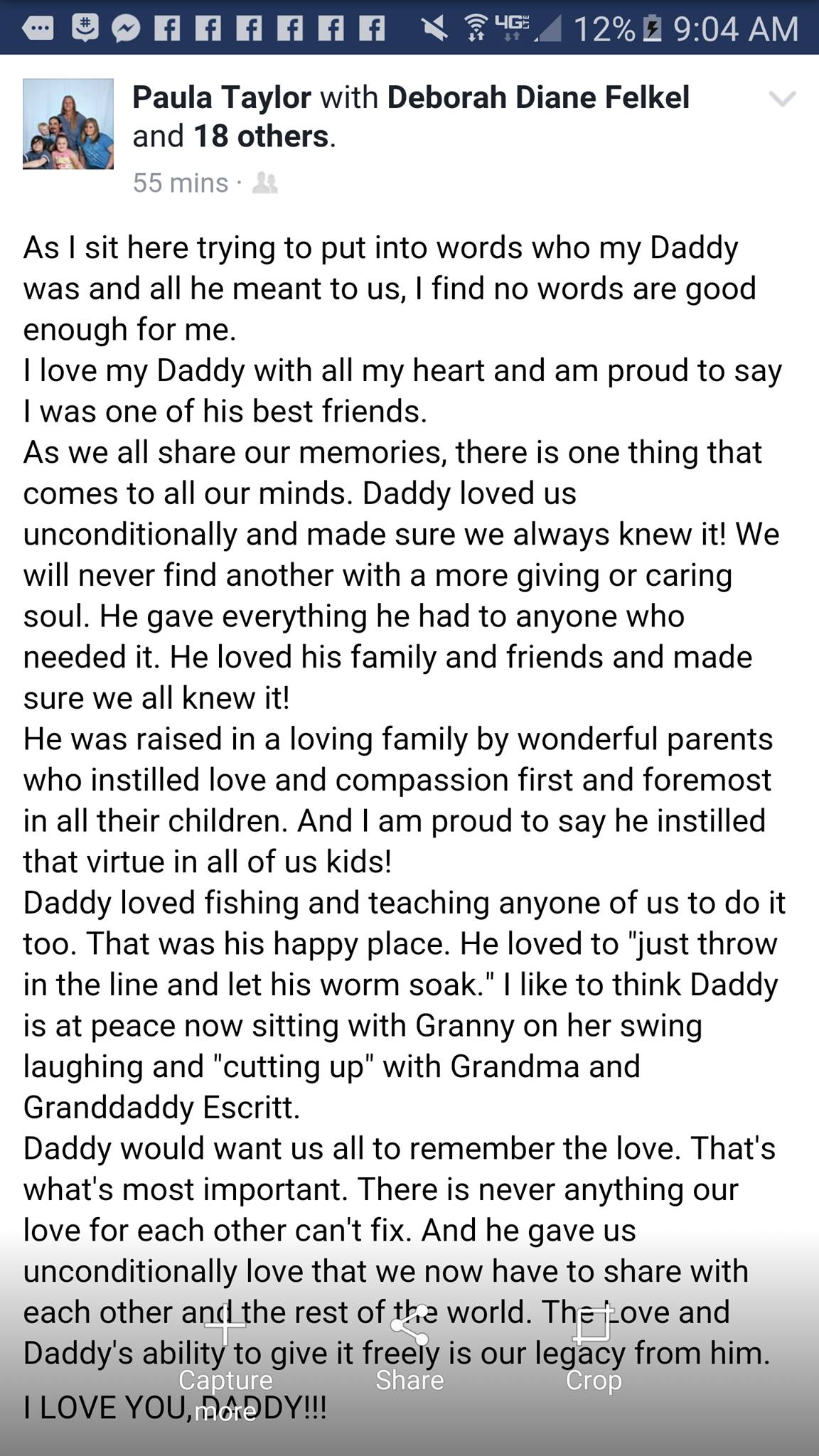 Social media post by Escritt's oldest daughter. Shared with permission by the family.