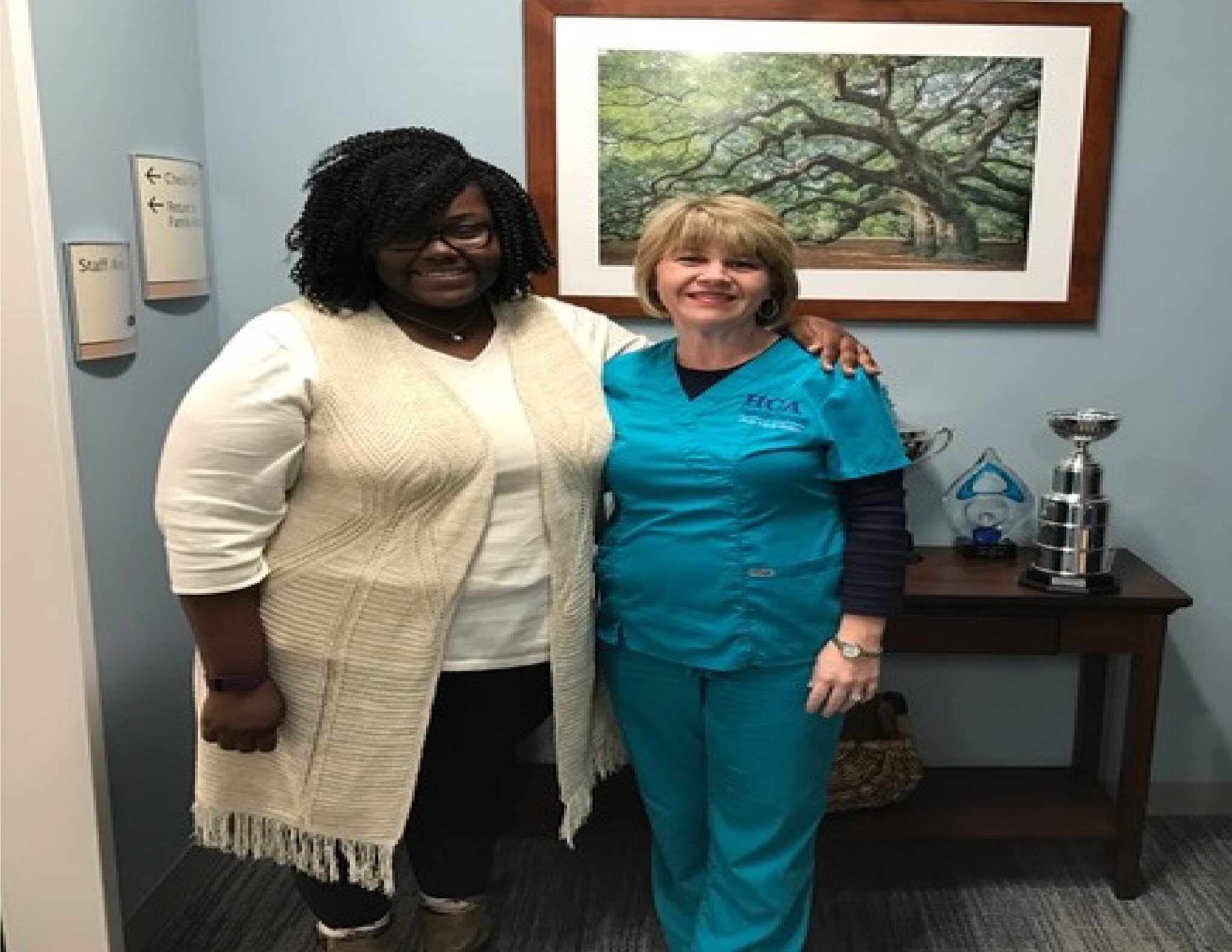 Pictured: Ms. Ellis (on left) at her first visit to Coastal Carolina Bariatric and Surgical Center three weeks post-operatively. 